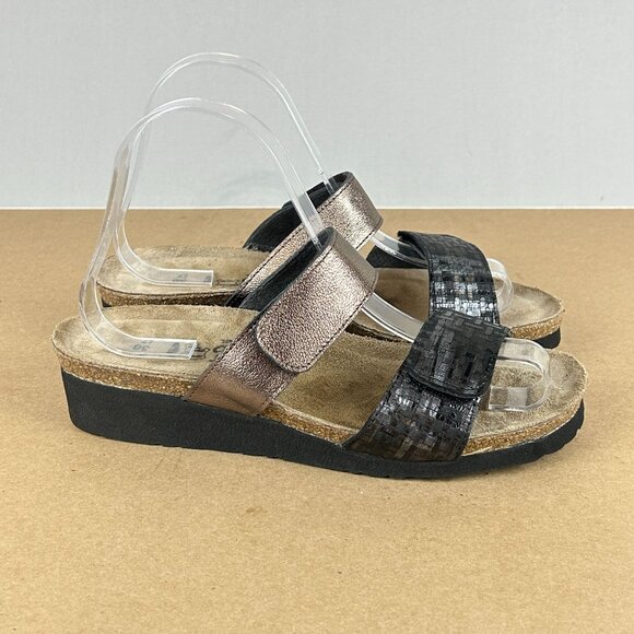 Naot Althea Leather Two Strap Sandals Womens 7 Black Rose Gold Slip On - Picture 3 of 9